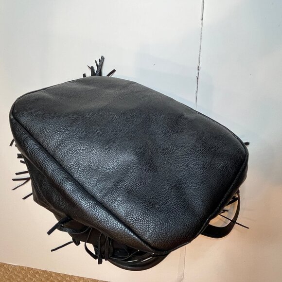 H&M Black Leather Fringe Bucket Bag Handbag Crossbody Boho Carry-All Drawstring - Picture 9 of 12